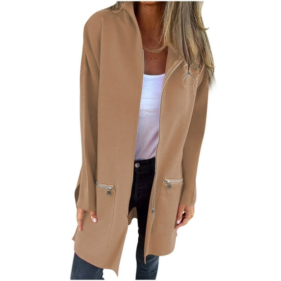 Womens Long Hoodies Zip Up Long-Sleeve Hooded Sweatshirt Casual Loose Solid Color Pockets Jacket with Hood (Khaki L)