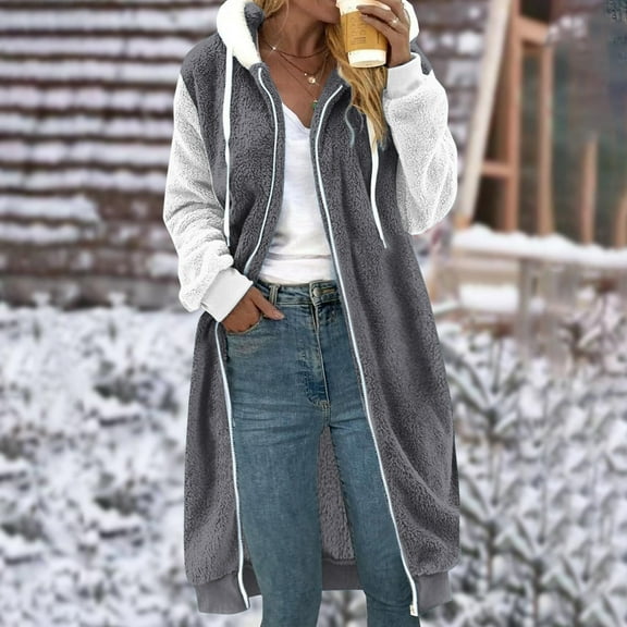 Womens Long Jacket Trendy Color-blocking Plus Size Fleece Long Sleeve Hooded Outerwear Fall Winter Thick Warm Soft Lightweight Casual Comfortable Plush Coat