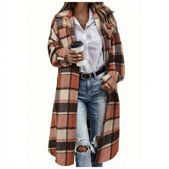 Womens Long Jackets Plaid Flannel Woolen Trench Coat Mid Length Long Sleeve Thick Warm Lapel Fall Winter Clothes (2XL, Khaki)