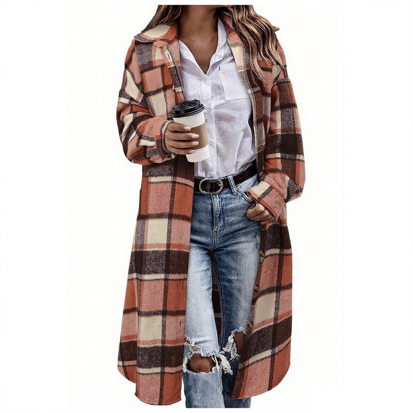 Womens Long Jackets Plaid Flannel Woolen Trench Coat Mid Length