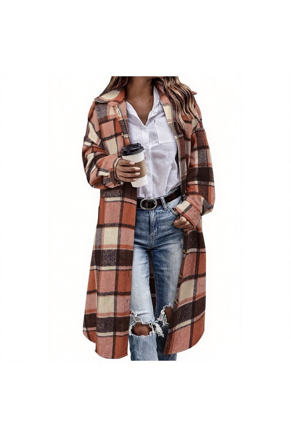 Womens Long Jackets Plaid Flannel Woolen Trench Coat Mid Length Long Sleeve Thick Warm Lapel Fall Winter Clothes (M, Khaki)