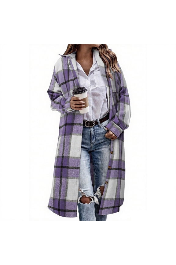 Womens Long Jackets Plaid Flannel Woolen Trench Coat Mid Length Long Sleeve Thick Warm Lapel Fall Winter Clothes (M, Purple)