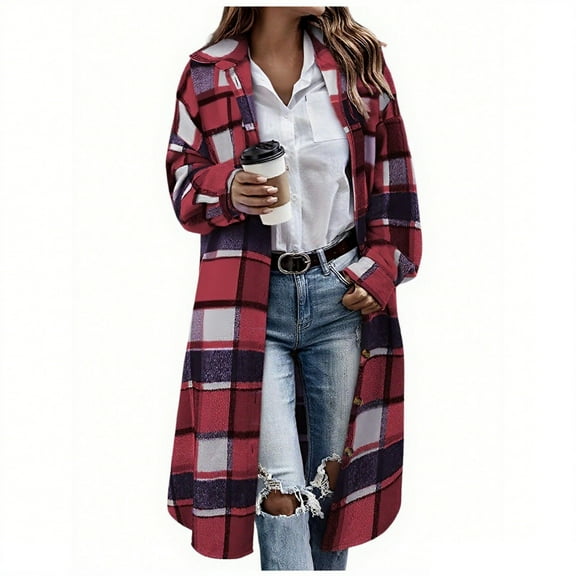 Womens Long Jackets Plaid Flannel Woolen Trench Coat Mid Length Long Sleeve Thick Warm Lapel Fall Winter Clothes (XL, Wine)