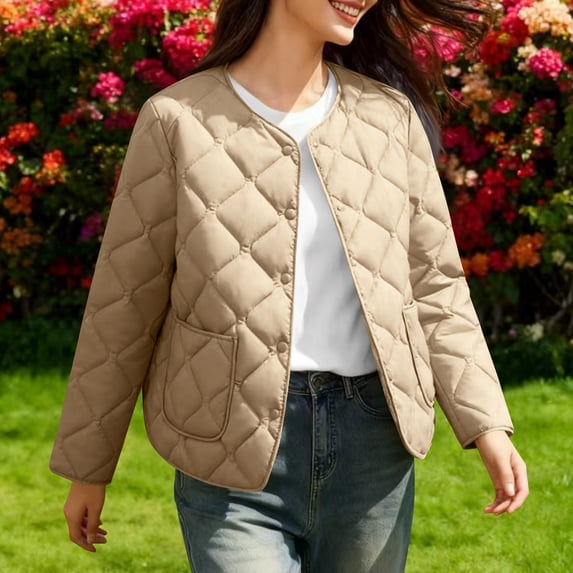 Womens Long Jackets Women's Quilted Lightweight Jackets, Long Sleeve Winter Cropped Cotton Padded Coat Warm Jacket Outwear Khaki 3XL