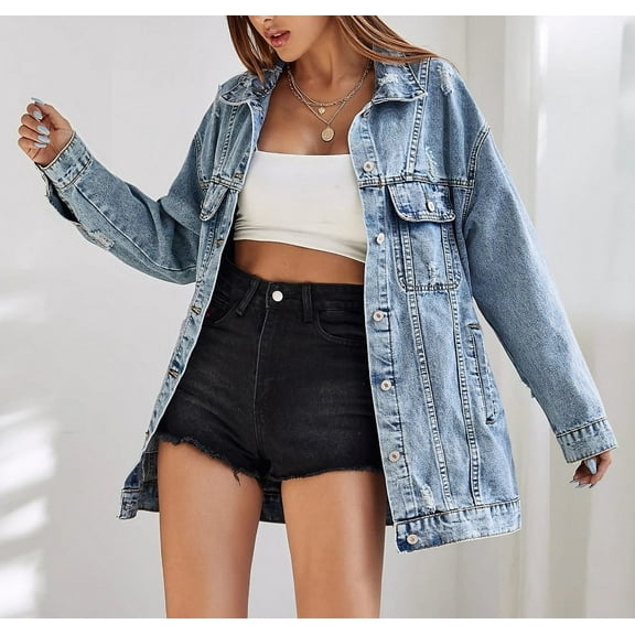 Womens Long Jean Jacket Lightweight Button Down Frayed Denim Jackets Coat