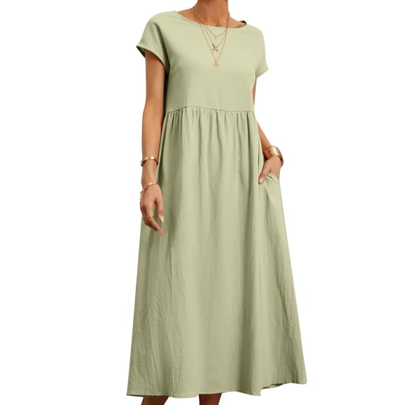 Womens Long Kaftan Dress Casual Loose Sundress Cotton Linen Dress with Pockets Short Sleeve Neck Baggy Dress