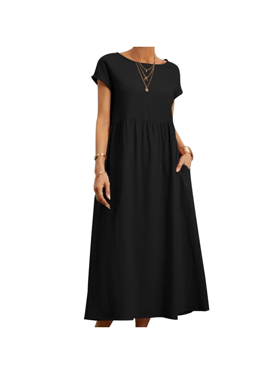 Womens Long Kaftan Dress Casual Loose Sundress Cotton Linen Dress with Pockets Short Sleeve Neck Baggy Dress