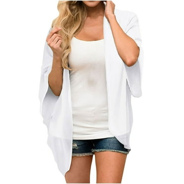 Womens Long Kimono Cardigans Open Front Chiffon Puff Sleeve Summer Cardigan Ladies Loose Casual Solid Colour Dressy Tops Plus Size Sheer Lightweight Outwear Long Cardigan