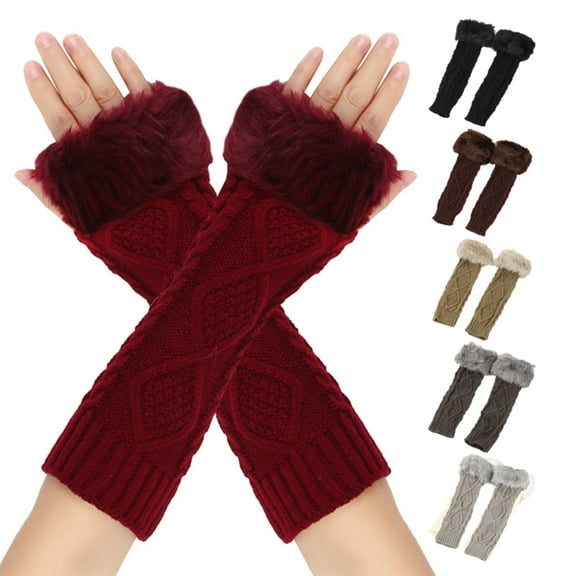 Womens Long Knit Fingerless Gloves Furry Warm Arm Sleeve Hand Cover