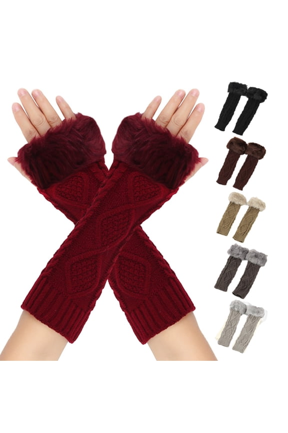 Womens Long Knit Fingerless Gloves Furry Warm Arm Sleeve Hand Cover