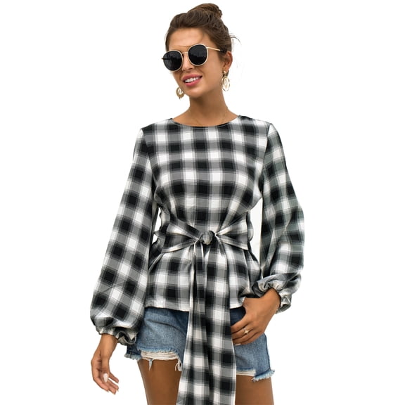 Womens Long Lantern Sleeve Plaid Tunic Tops Round Neck Keyhole Back Blouse with Belt, Black, Large