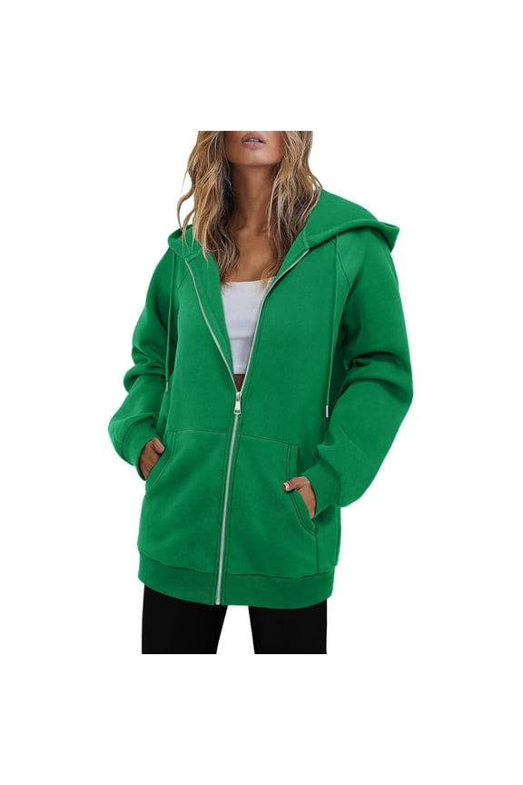 Womens Long Length Coats, Zip Up Jacket for Women Fall Athletic Casual Loose Fit Solid Color Long Sleeve Pullover Hoodies with Pockets