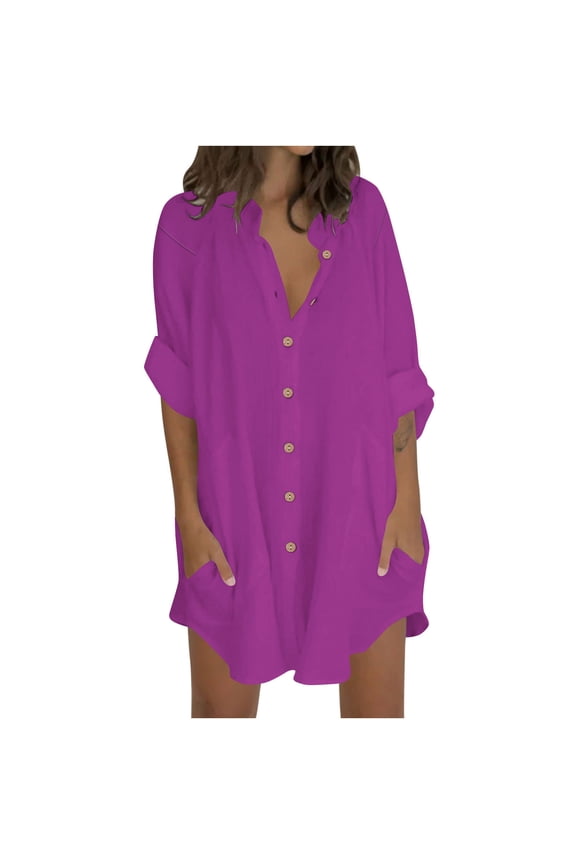 Womens Long Length Cotton Linen Tops, 3/4 Sleeve Shirts for Women Fall Summer Casual Solid Color Button Down Dressy Blouses with Pockets