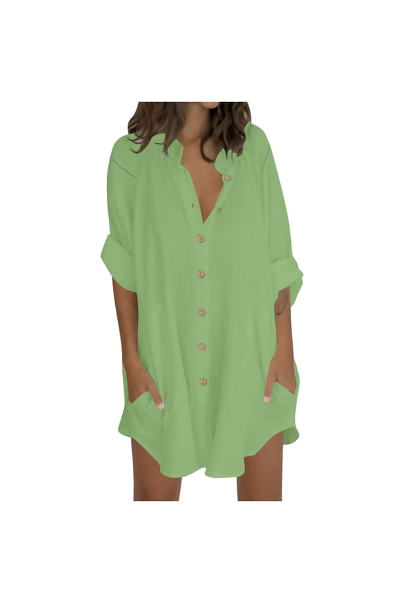 Womens Long Length Cotton Linen Tops, 3/4 Sleeve Shirts for Women Fall Summer Casual Solid Color Button Down Dressy Blouses with Pockets