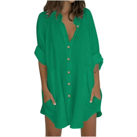 Womens Long Length Cotton Linen Tops, 3/4 Sleeve Shirts for Women Fall Summer Casual Solid Color Button Down Dressy Blouses with Pockets