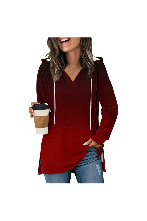 Womens Long Length Drawstring Hoodies, Long Sleeve Pullover for Women Fall Fashion Ombre Tie Dye Side Slit Hooded Sweatshirts with Pockets