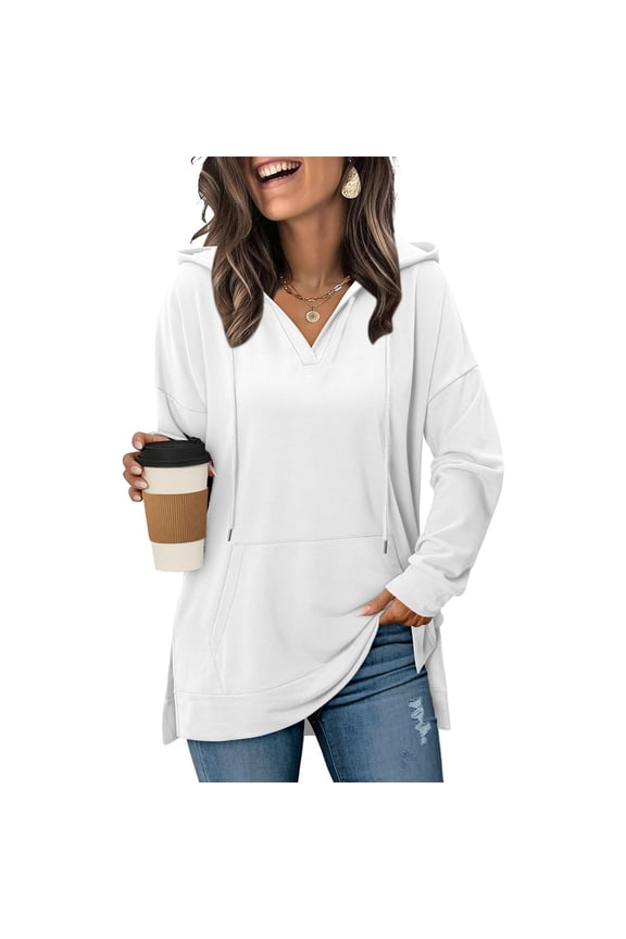 Womens Long Length Drawstring Hoodies, Long Sleeve Pullover for Women Spring Casual Solid Color Side Slit Hooded Sweatshirts with Pockets