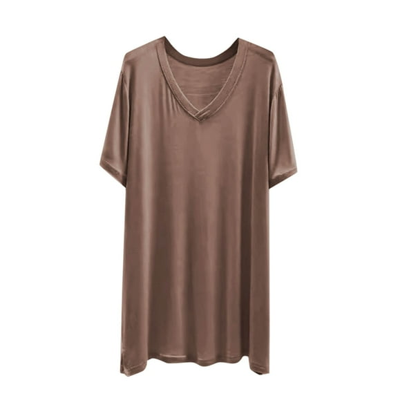 Womens Long Length Dressy Blouses, Short Sleeve Shirts for Women Summer Casual Loose Fit Solid Color Thin V Neck T-Shirts Basic Tops