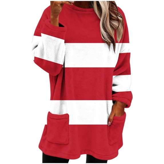 Womens Long Length Fall Clothes, Long Sleeve Pullover for Women Plus Size Fashion Warm Fleece Color Patchwork Crewneck Sweatshirts with Pockets