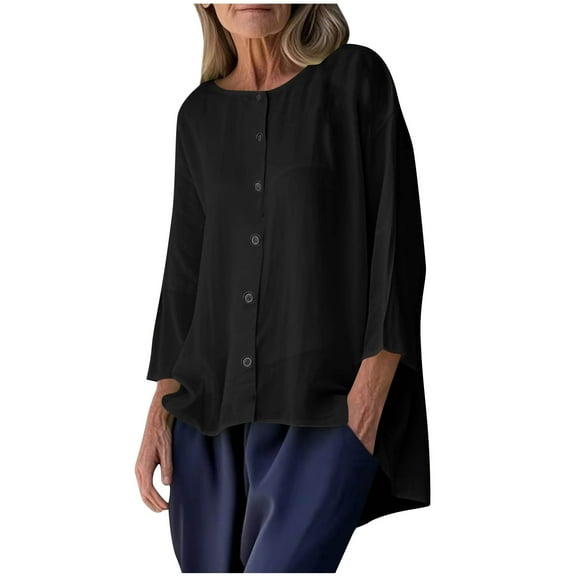 Womens Long Length Fall Clothes, Long Sleeve Shirts for Women Casual Cotton Linen Solid Color Crewneck Button Down Dressy Blouses