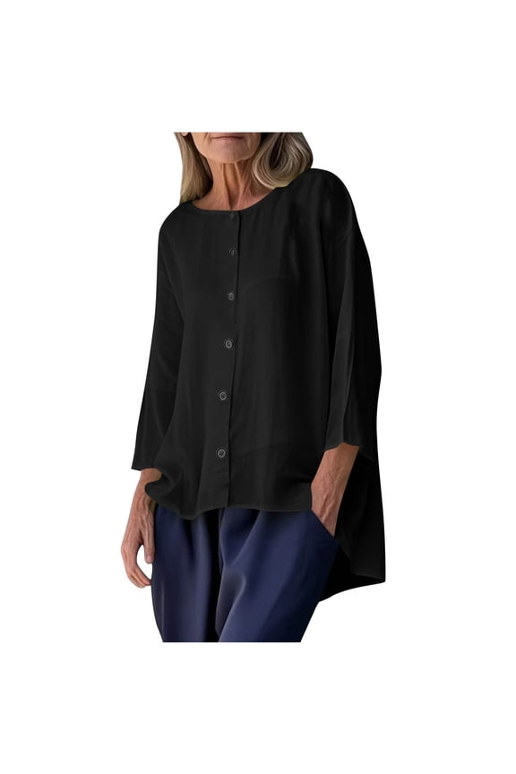 Womens Long Length Fall Clothes, Long Sleeve Shirts for Women Casual Cotton Linen Solid Color Crewneck Button Down Dressy Blouses