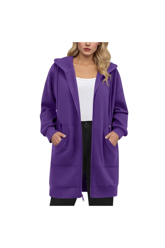 Womens Long Length Fall Coats, Zip Up Sweatshirts for Women Outdoor Athletic Solid Color Long Sleeve Jacket Hoodies with Pockets S-3XL