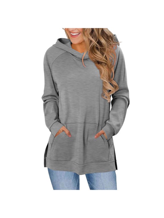 Womens Long Length Hooded Sweatshirts, Long Sleeve Pullover for Women Fall Winter Fashion Loose Fit Solid Color Tunic Tops Hoodies with Pockets