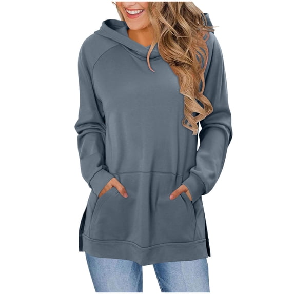 Womens Long Length Hooded Sweatshirts, Long Sleeve Pullover for Women Fall Winter Fashion Loose Fit Solid Color Tunic Tops Hoodies with Pockets