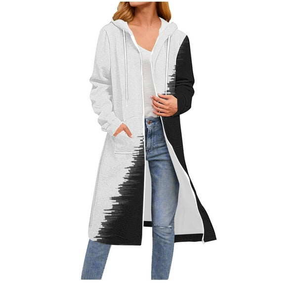 Womens Long Length Hoodies Fashion Colorblock Hooded Sweatshirts Zip Up Long Sleeve Cardigan Pockets Drawstring Coat Oversize Warmth Jackets