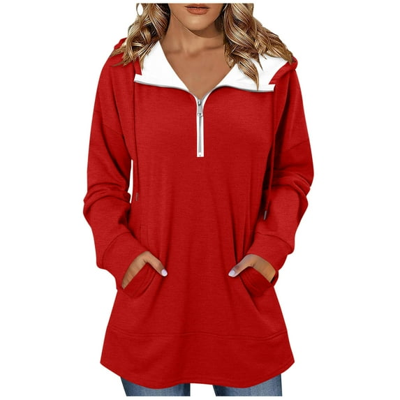 Womens Long Length Hoodies, Long Sleeve Pullover for Women Fashion Loose Fit Solid Color Half Zip Up Sweatshirts with Pockets Fall Clothes