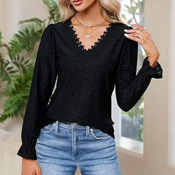 Womens Long Length Sleeve Blouses Business Tops Dressy Casual V Neck Cute Hollow Out T-Shirts Black XL