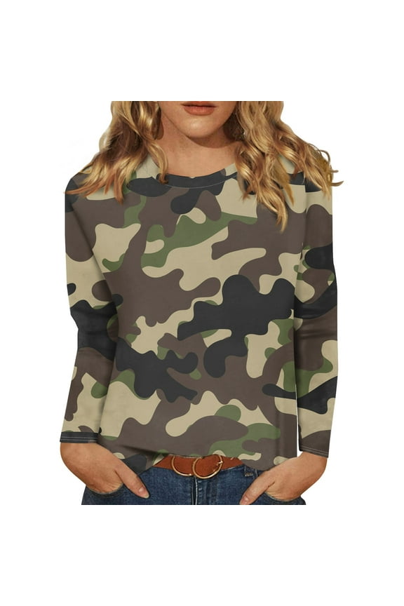 Womens Long Length Sleeve Shirts Camo Printed Shirts Crew Neck T Shirts Casual Dressy Blouses Tee 2026 Camouflage XL