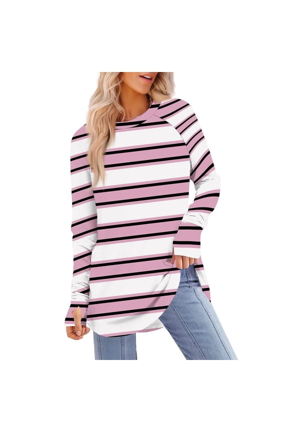 Womens Long Length Spring Clothes, Long Sleeve Shirts for Women Fashion Loose Fit Striped Printed Crewneck T-Shirts