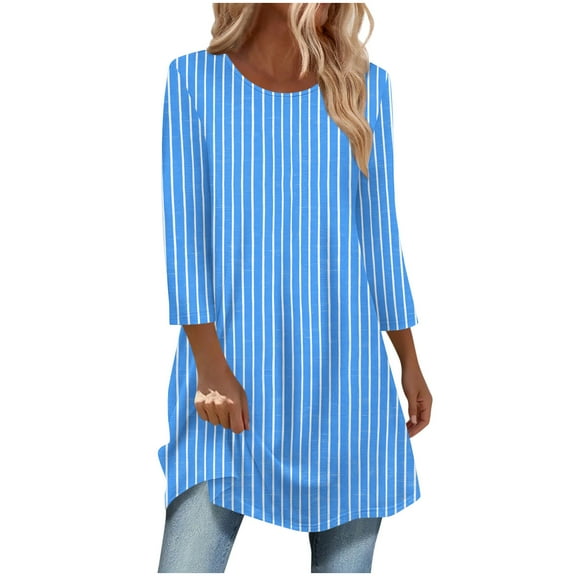 Womens Long Length Tunic Tops, 3/4 Sleeve Shirts for Women Fall Fashion Loose Fit Striped Printed Crewneck T-Shirts