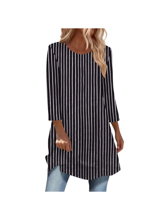 Womens Long Length Tunic Tops, 3/4 Sleeve Shirts for Women Fall Fashion Loose Fit Striped Printed Crewneck T-Shirts