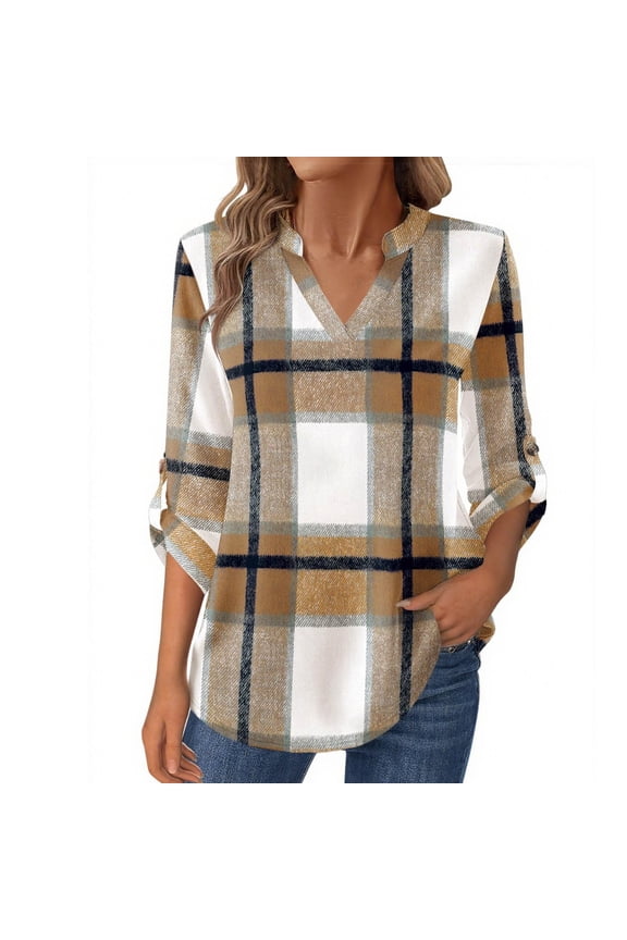 Womens Long Length Tunic Tops, Long Sleeve Shirts for Women Fall Ligthweight Casual Plaid Printed Notch V Neck Dressy Blouses S-2XL