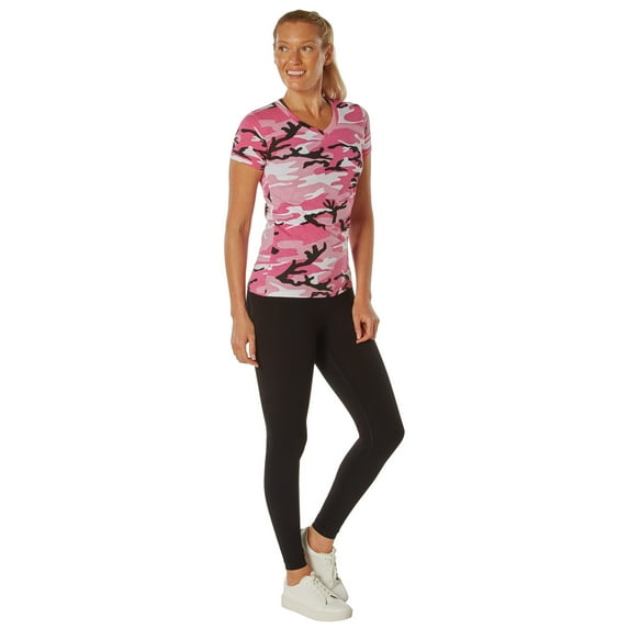 Womens Long Length V-Neck Camouflage T-Shirt, Pink Camo