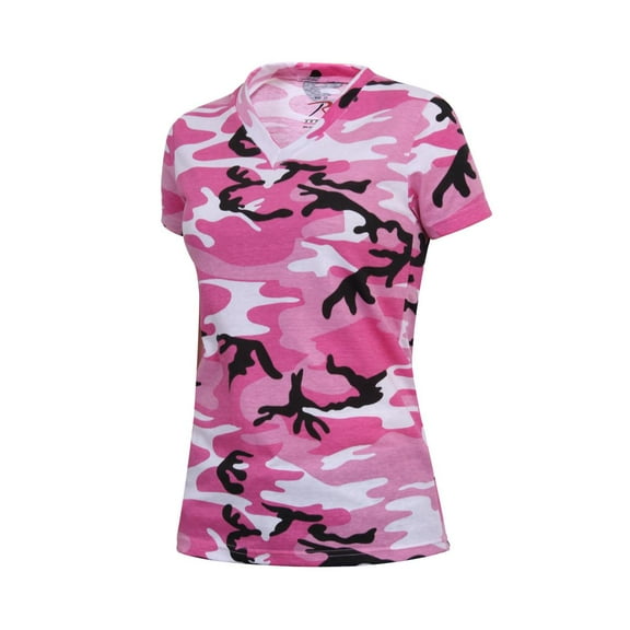 Womens Long Length V-Neck Camouflage T-Shirt, Pink Camo