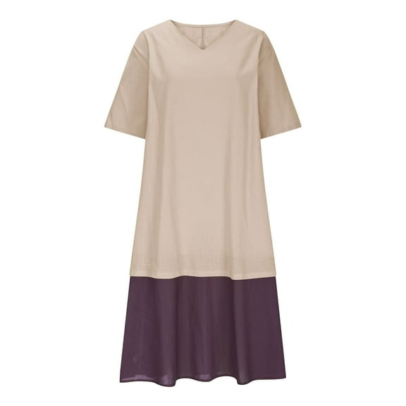Womens Long Linen Dresses Plus Size 1/2 Sleeve Baggy Flowy Casual Dress Beach Travel Maxi Tshirt Dresses Beige, L