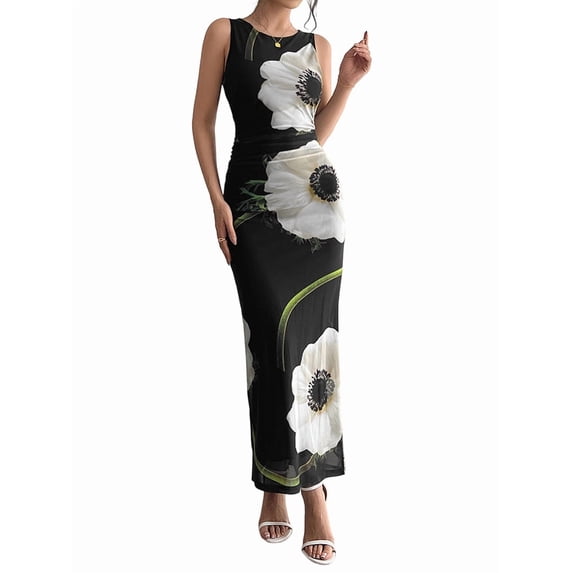 Female Long Maxi Dresses Floral Crewneck Sleeveless Knit Bodycon Wedding Guest Sun Dress