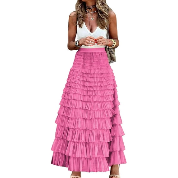 Womens Long Maxi Tulle Skirt A Line Ruffle Mesh High Waisted Tiered Layered Skirts Petticoat