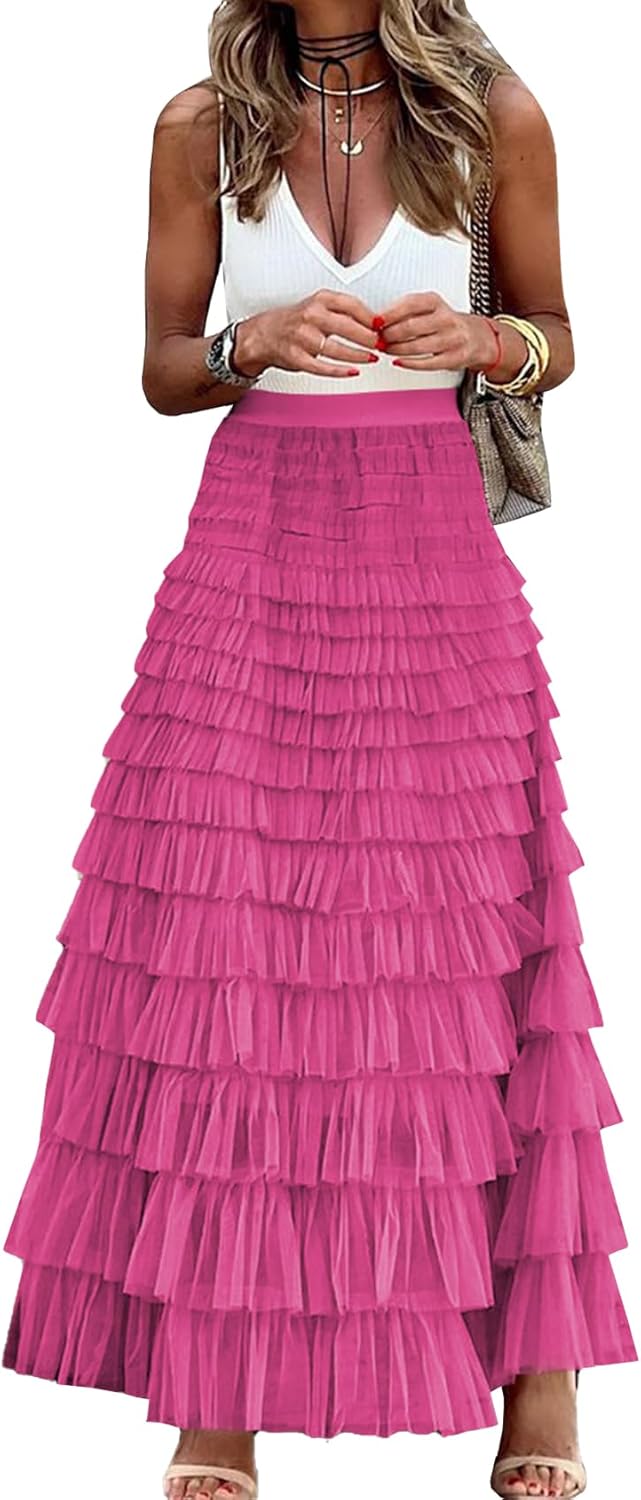 Womens Long Maxi Tulle Skirt A Line Ruffle Mesh High Waisted