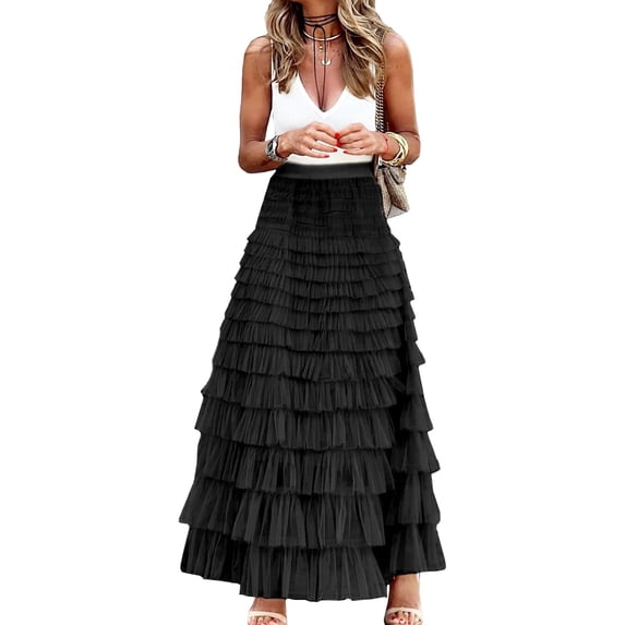 Womens Long Maxi Tulle Skirt A Line Ruffle Mesh High Waisted Tiered Layered Skirts Petticoat