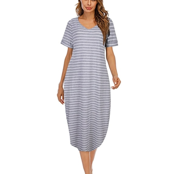 Womens Long Nightdress Ankle-Length Nightgowns Short Sleeve V Neck Loungewear Pajamas Sleepwear with 2 Pockets,Sleep Shirt ,Casual Cotton Plus Size Sleepdress for Girls House Dress,Gray Strip S-3XL