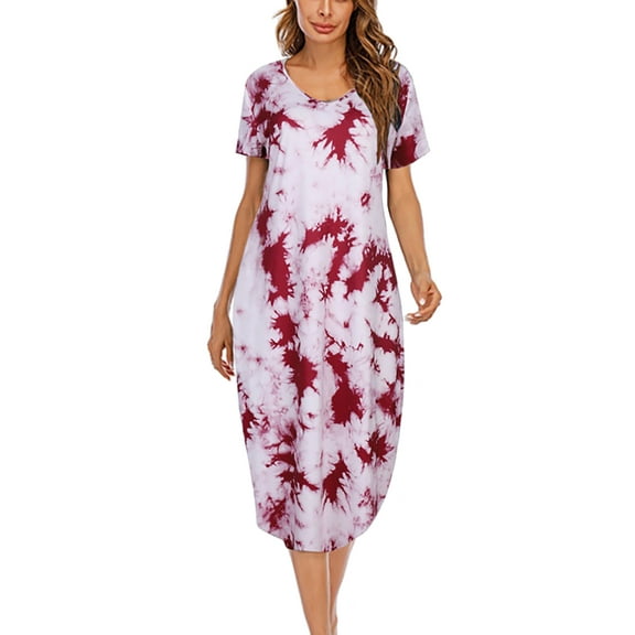 Women's Long Nightdress Sleepwear V Neck Ankle-Length Nightgown With 2 Pockets Short Sleeve Sleep Shirt Soft Casual Loose Pajamas Nightshirt Plus Size Loungewear, Tie Dye Red S-3XL