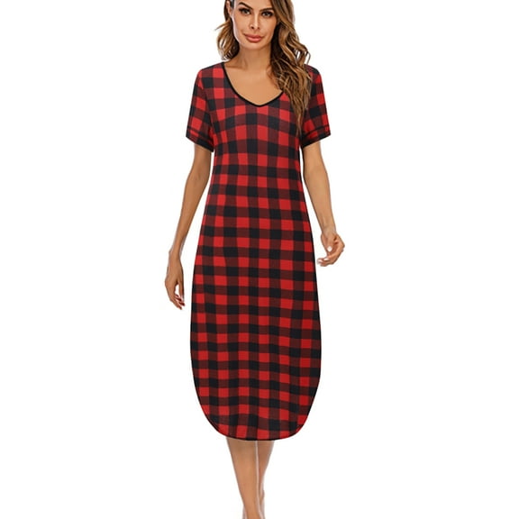 Womens Long Nightdress Ankle-Length Nightgowns Short Sleeve V Neck Loungewear Pajamas Sleepwear with 2 Pockets,Sleep Shirt ,Casual Cotton Plus Size Sleepdress for Girls House Dress,Red S-3XL