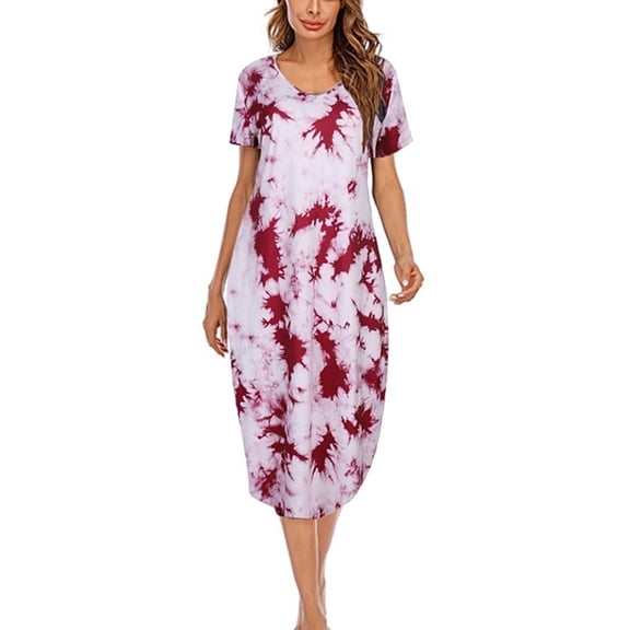 Womens Long Nightdress Ankle-Length Nightgowns Short Sleeve V Neck Loungewear Pajamas Sleepwear with 2 Pockets,Sleep Shirt, Casual Loose Sleepdress for Girls House Dress, S-2XL