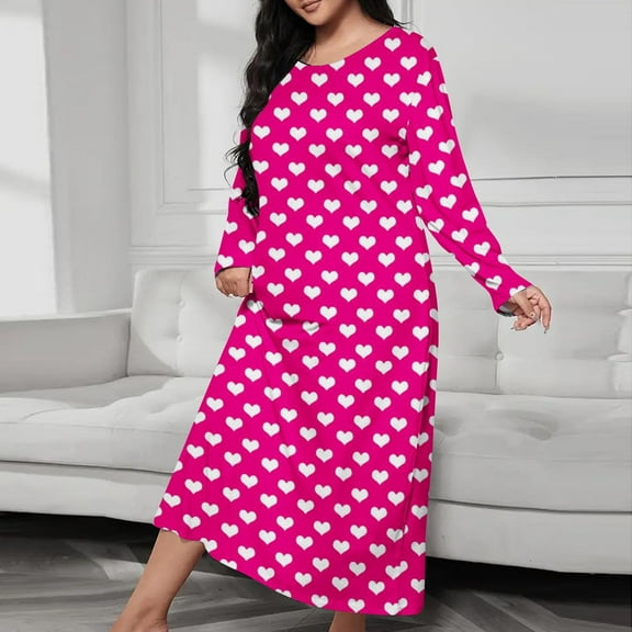 Womens Long Nightgown Round Neck Nightshirts Long Sleeve Loose Loungewear Casual Sleep Dress With Pockets Hot Pink XXL