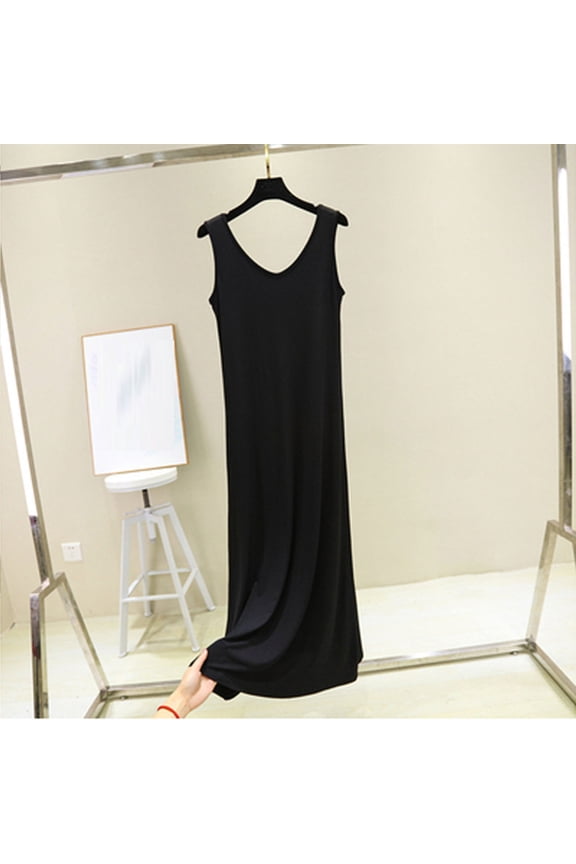 Womens Long Nightgowns Sleeveless Tank Dress Soft V Neck Pajama Dress Sleepshirts Summer Black M
