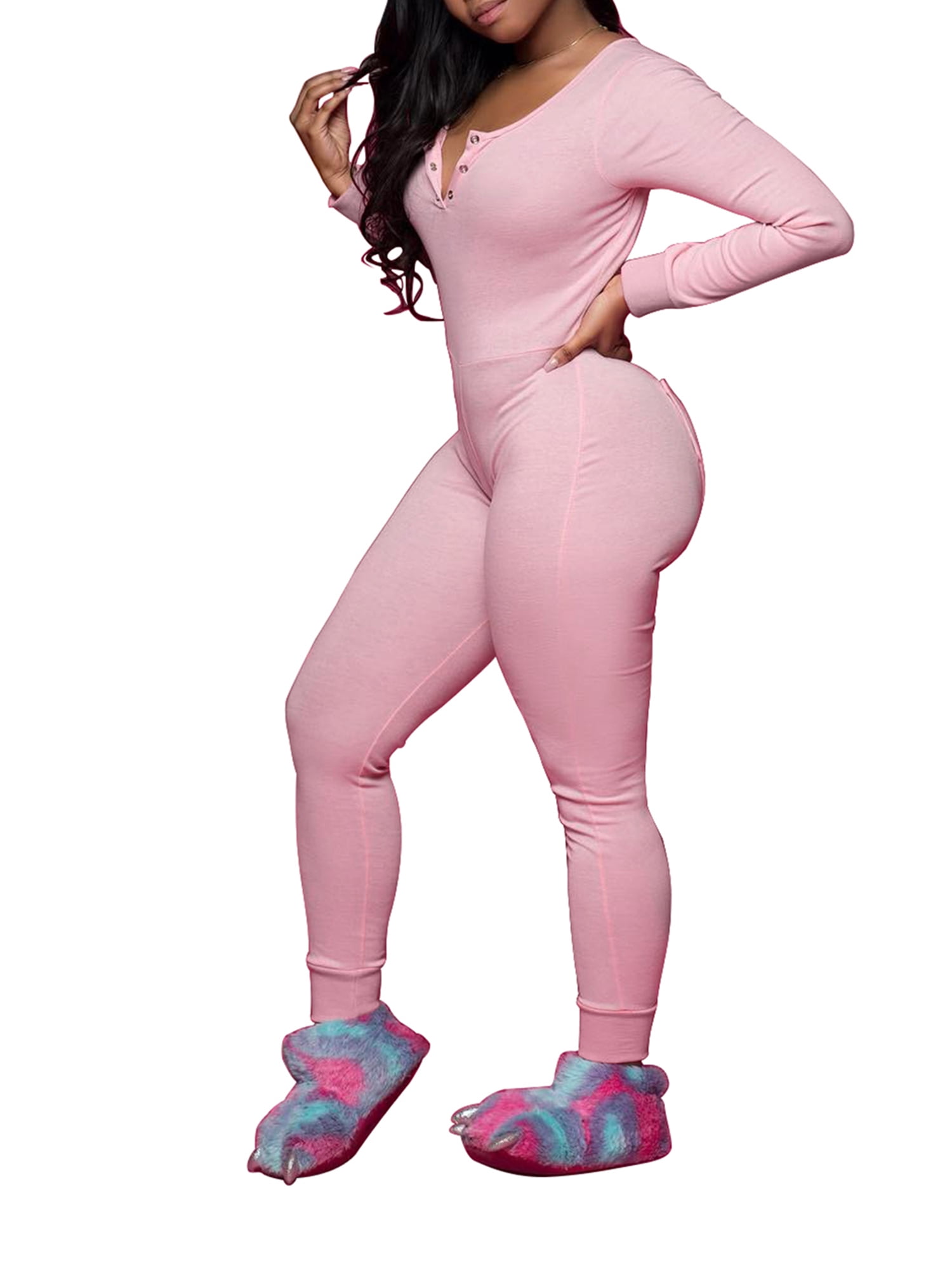 Womens Long One Piece Pajamas With Drop Seat Butt Flap V Neck Jumpsuit Romper Jumpsuit Bodycon 